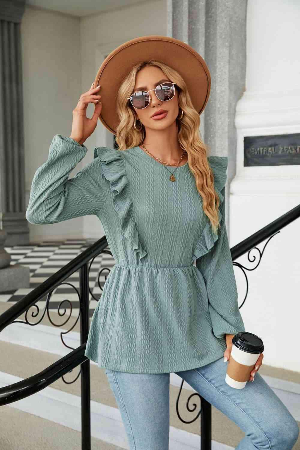 Round Neck Ruffled Peplum Blouse Blouses - Tophatter Daily Deals