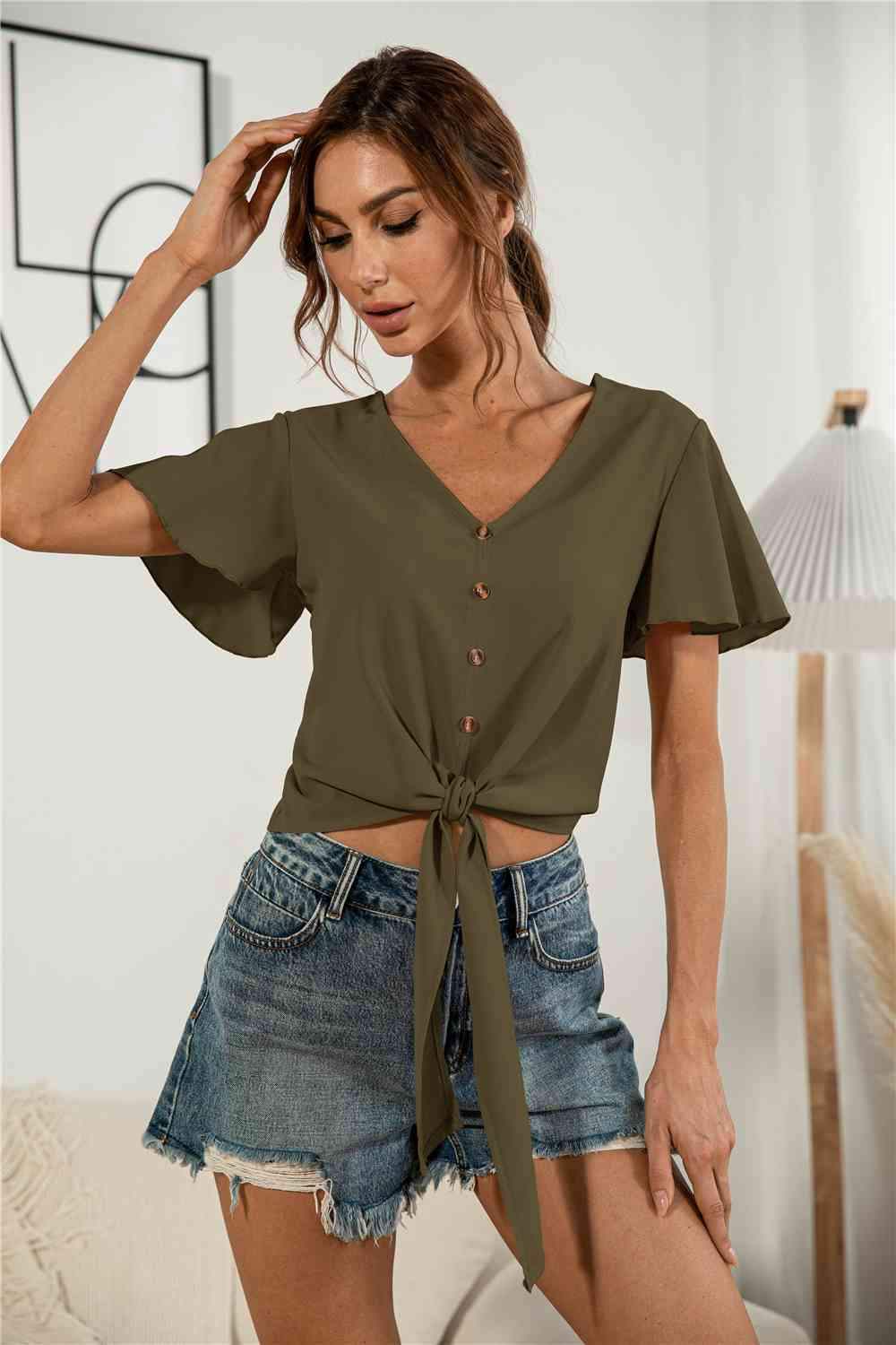 Decorative Button V-Neck Tied Blouse Army Green Blouses - Tophatter Daily Deals