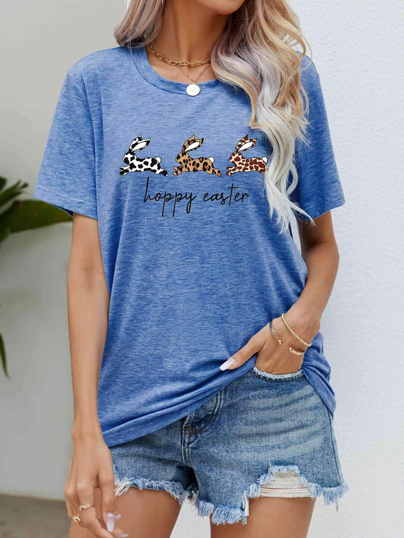 HOPPY EASTER Bunny Graphic Tee Shirt Cobalt Blue Women's T-Shirts - Tophatter Daily Deals