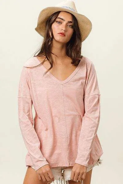 BiBi Exposed Seam V-Neck Long Sleeve T-Shirt Women's T-Shirts - Tophatter Daily Deals