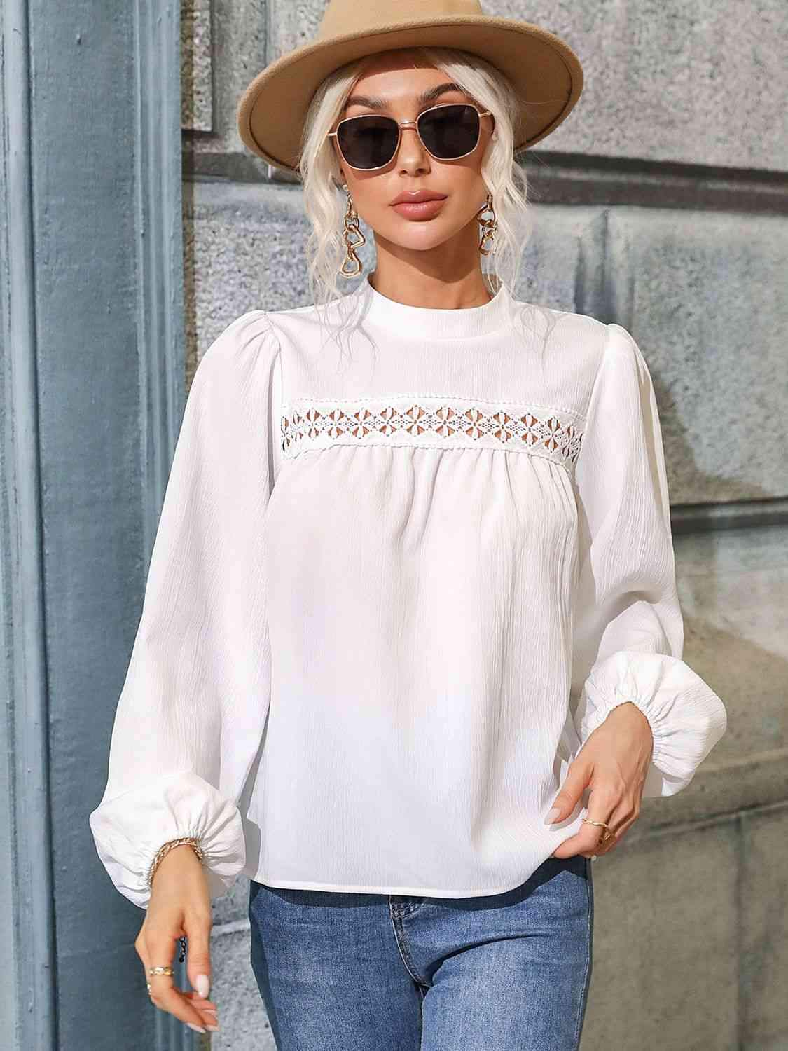 Round Neck Puff Sleeve Blouse White Blouses - Tophatter Daily Deals