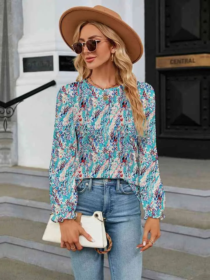 Printed Round Neck Flounce Sleeve Blouse Women's T-Shirts - Tophatter Daily Deals