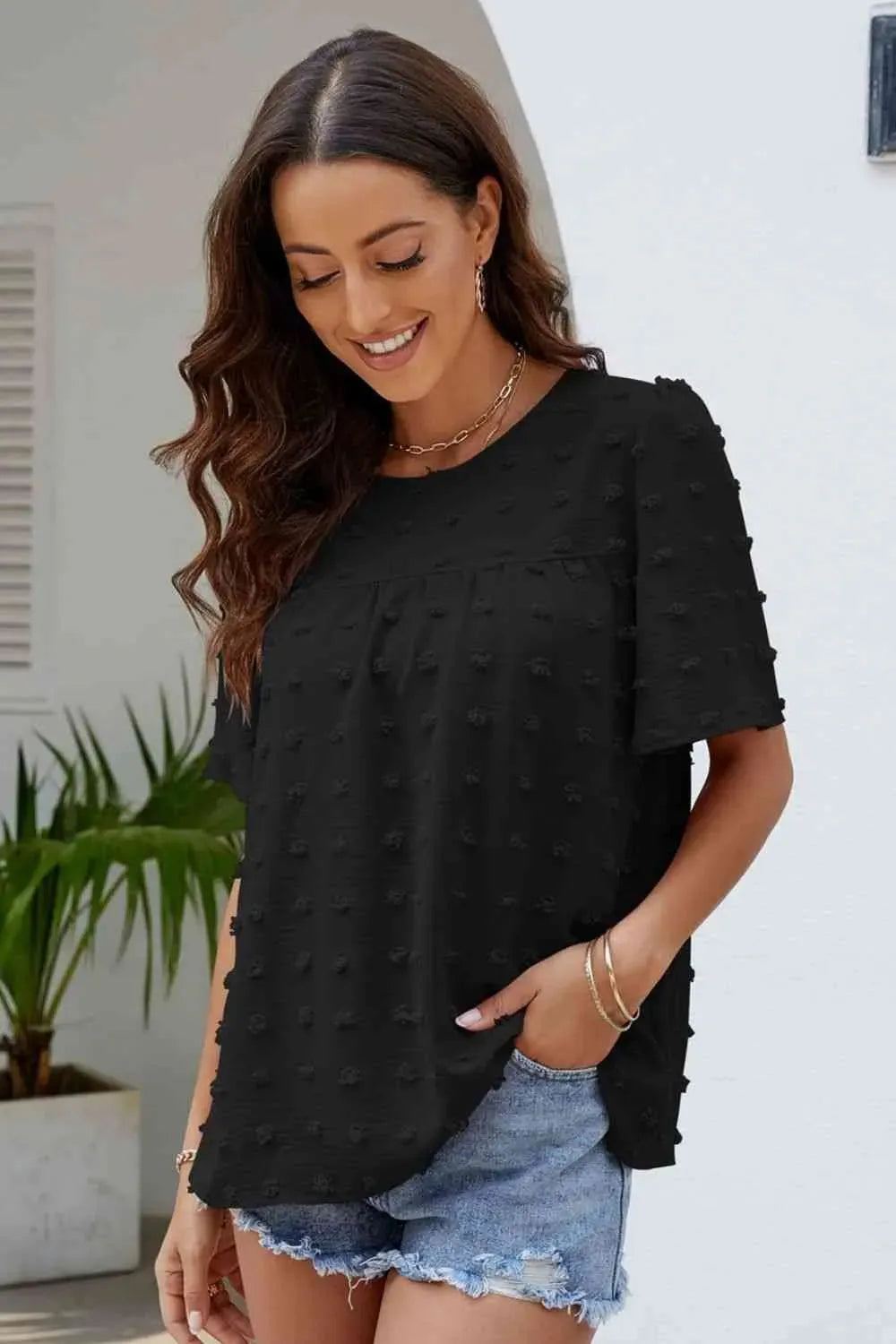 Swiss Dot Puff Sleeve Round Neck Blouse Blouses - Tophatter Daily Deals