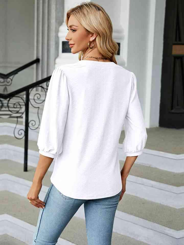 Notched Neck Three-Quarter Sleeve Blouse Women's T-Shirts - Tophatter Daily Deals