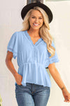 Lace Trim V-Neck Tied Peplum Blouse Pastel Blue Blouses - Tophatter Daily Deals