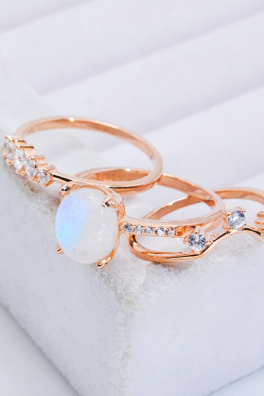 Natural Moonstone and Zircon Three-Piece Ring Set Moonstone - Tophatter Daily Deals