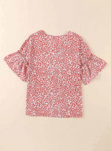 Leopard Round Neck Frill Trim Blouse Blouses - Tophatter Daily Deals