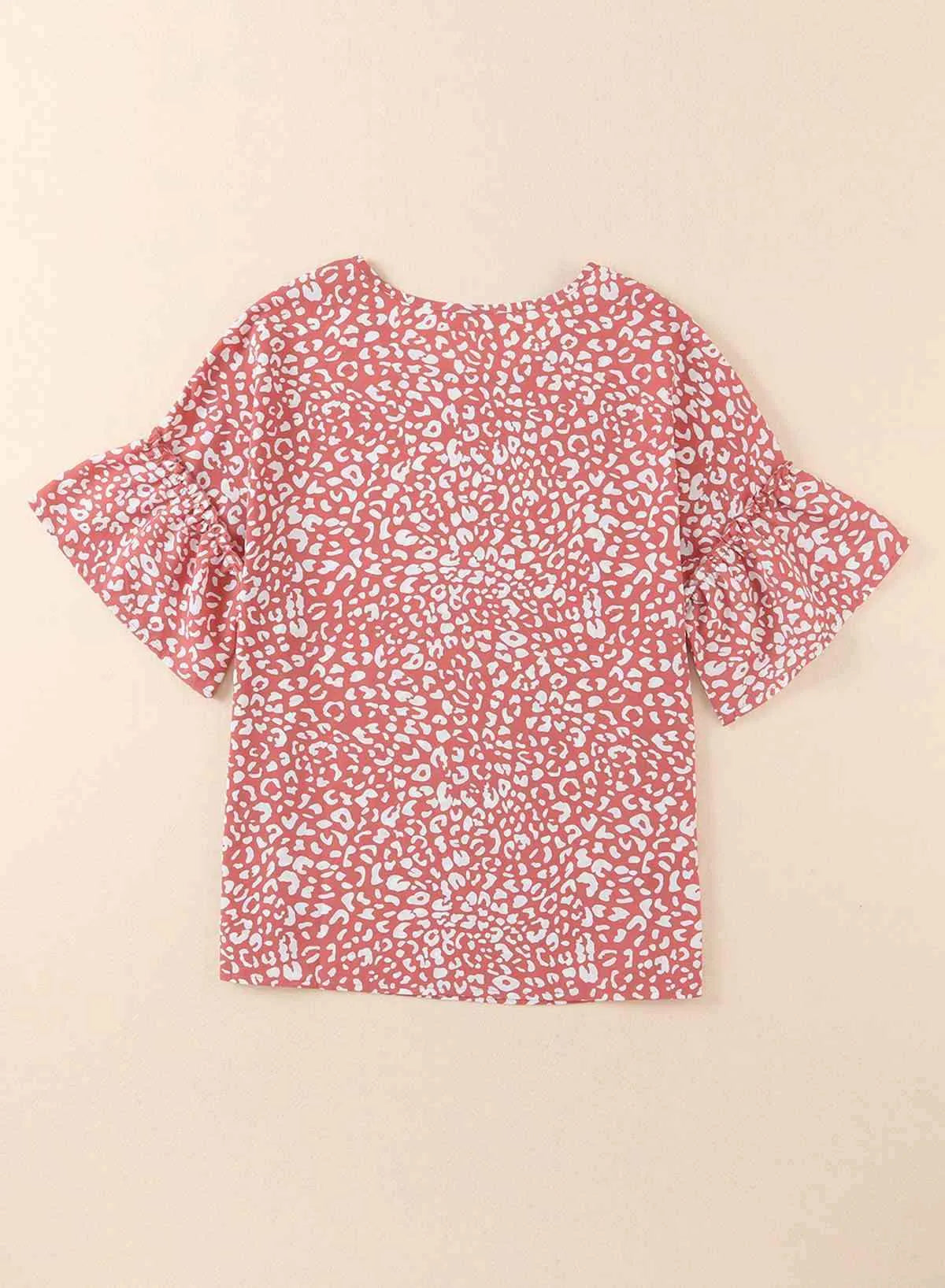 Leopard Round Neck Frill Trim Blouse Blouses - Tophatter Daily Deals