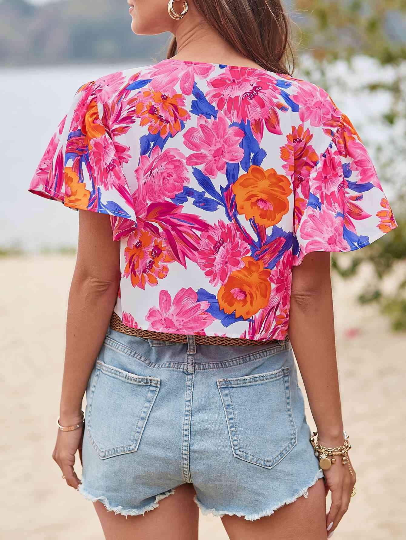 Floral V-Neck Flutter Sleeve Blouse Blouses - Tophatter Daily Deals