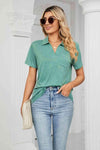 Curved Hem Johnny Collar Polo Shirt Blouses - Tophatter Daily Deals