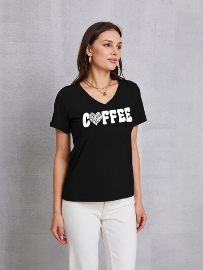 COFFEE V-Neck Short Sleeve T-Shirt Black Women's T-Shirts - Tophatter Daily Deals