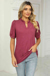 Notched Neck Puff Sleeve T-Shirt Deep Rose Women's T-Shirts - Tophatter Daily Deals