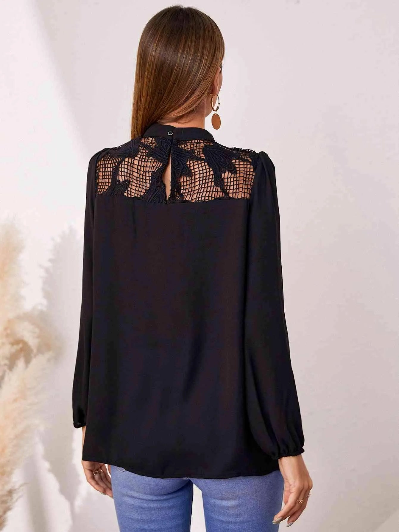 Openwork Round Neck Puff Sleeve Blouse Blouses - Tophatter Daily Deals