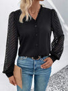 Mesh V-Neck Button Front Blouse Black Blouses - Tophatter Daily Deals