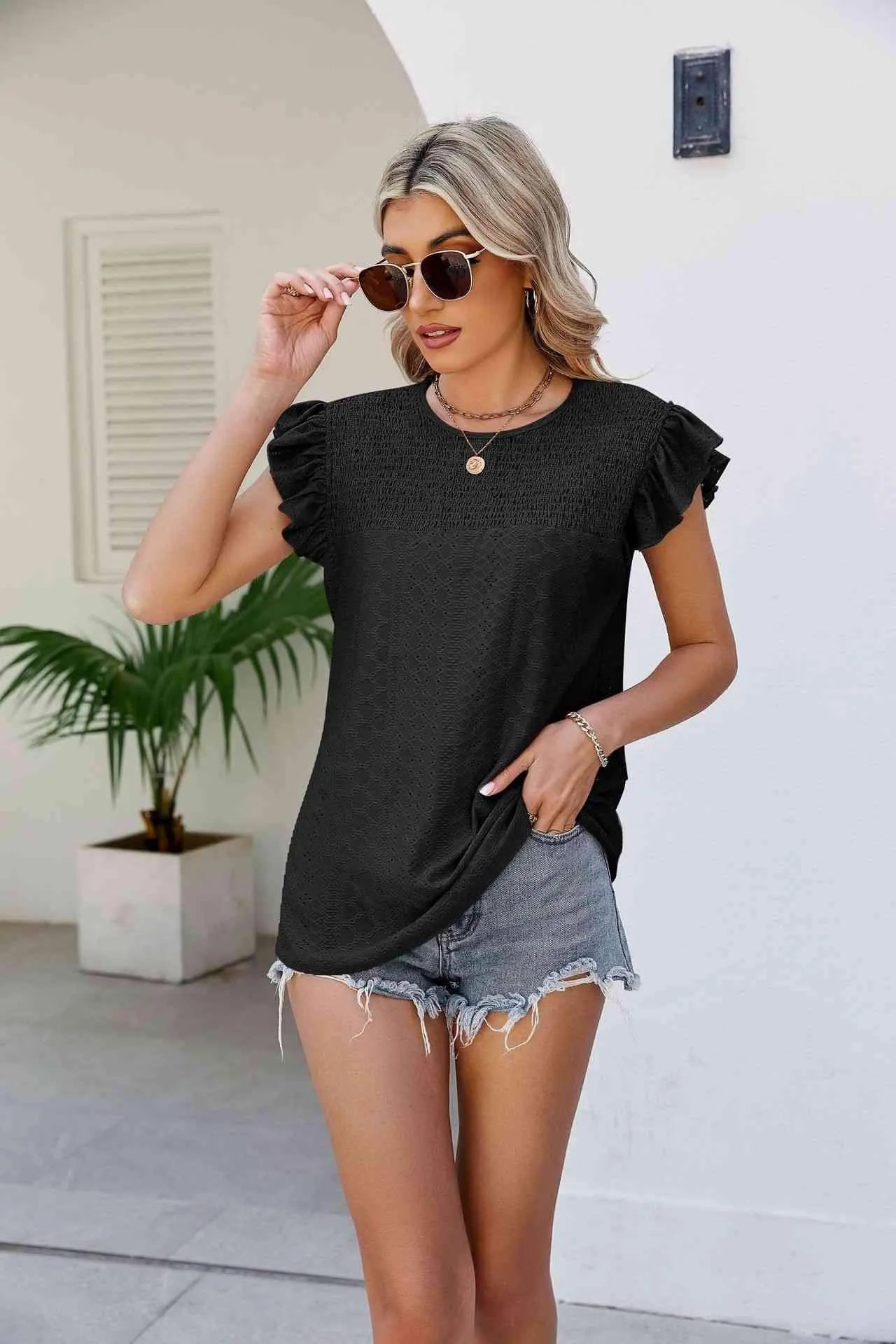 Smocked Round Neck Flutter Sleeve Top Blouses - Tophatter Daily Deals