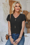 Decorative Button Eyelet V-Neck Short Sleeve T-Shirt Women's T-Shirts - Tophatter Daily Deals