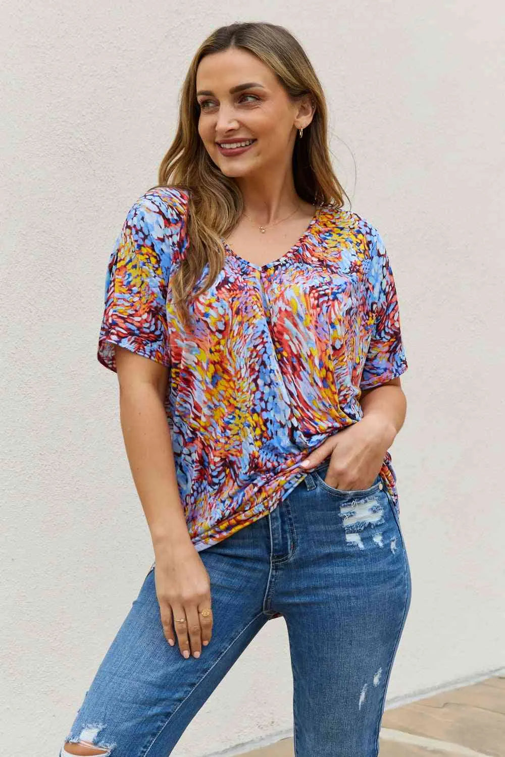 Be Stage Full Size Printed Dolman Flowy Top Blue Mix Blouses - Tophatter Daily Deals