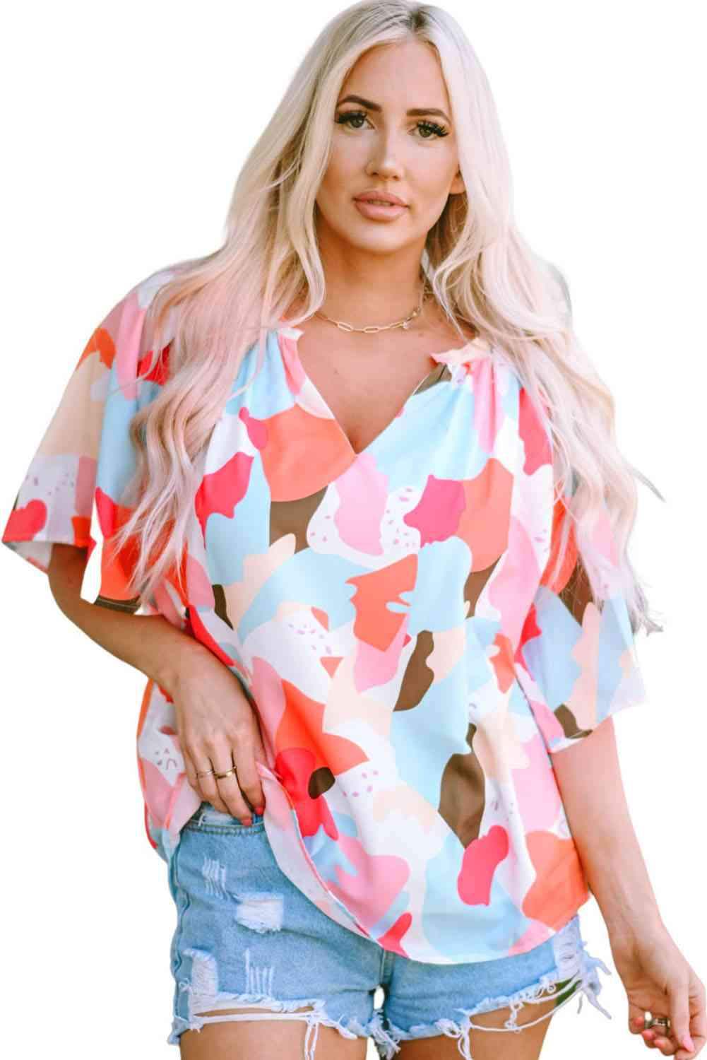 Printed Notched Neck Half Sleeve Blouse Blouses - Tophatter Daily Deals