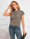 Tie Neck Printed Short Sleeve Blouse Khaki Blouses - Tophatter Daily Deals