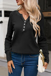 Waffle Knit Buttoned Notched Neck Long Sleeve T-Shirt Black Women's T-Shirts - Tophatter Daily Deals