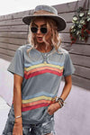 Multicolored Chevron Stripe Round Neck Side Slit T-Shirt Gray Women's T-Shirts - Tophatter Daily Deals