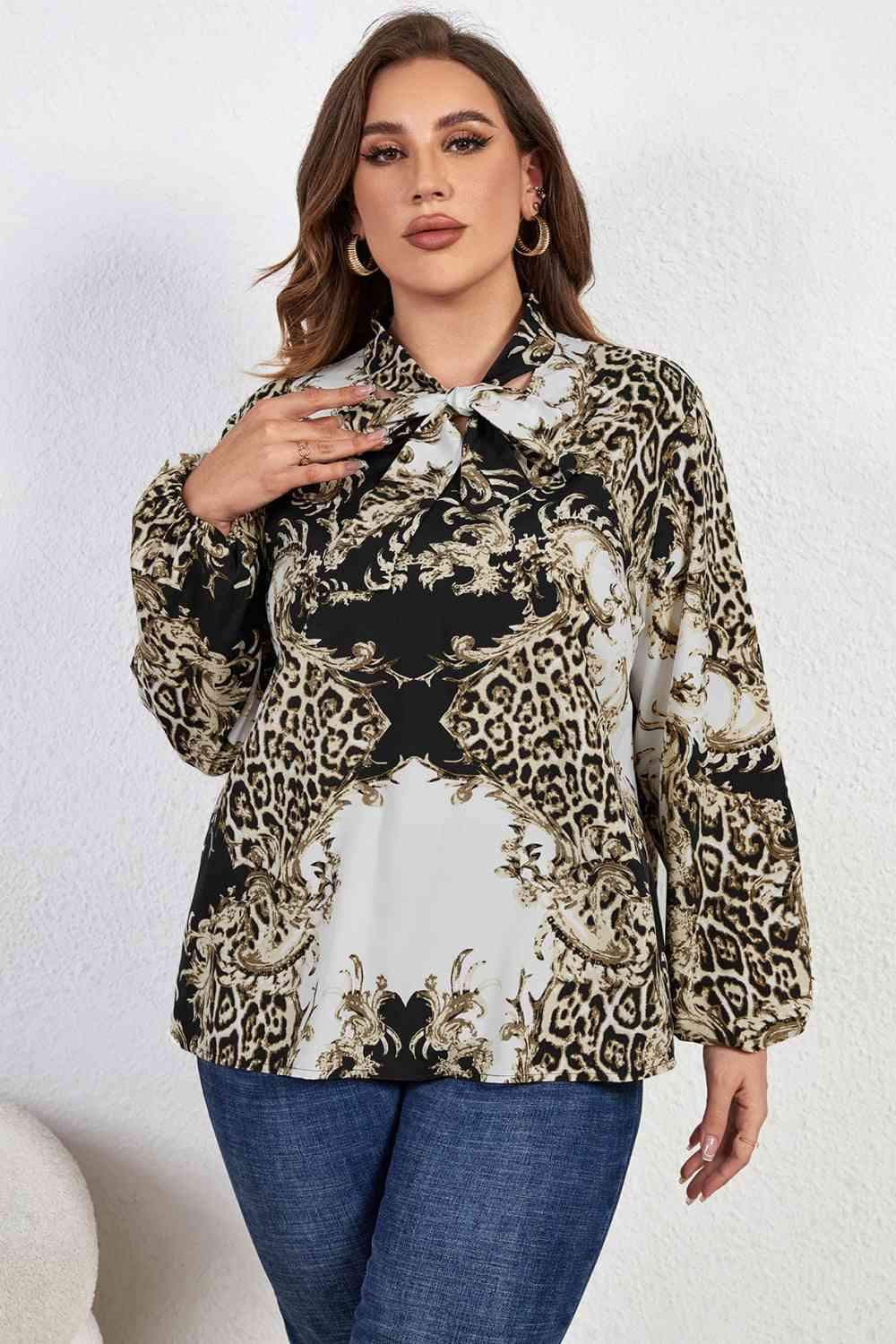 Melo Apparel Plus Size Printed Tie Neck Long Sleeve Blouse Black Blouses - Tophatter Daily Deals