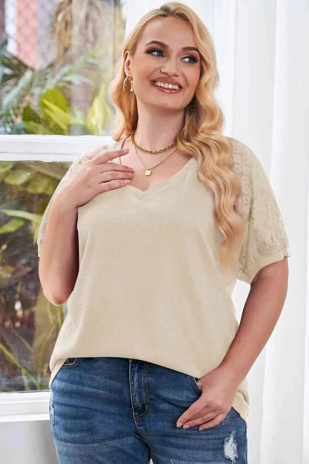 Plus Size Spliced Lace V-Neck Top Blouses - Tophatter Daily Deals