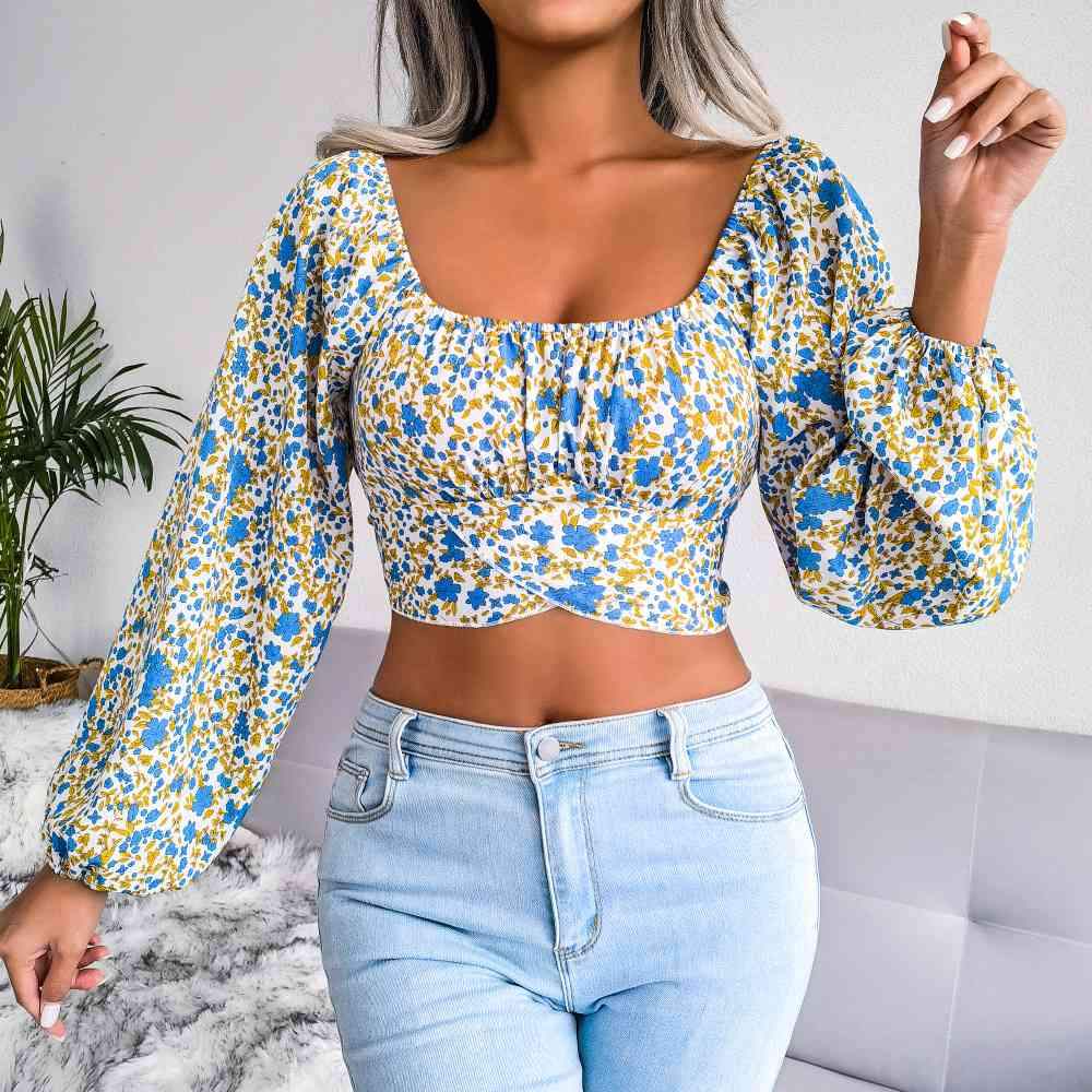 Ditsy Floral Crisscross Cropped Top Blouses - Tophatter Daily Deals