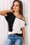 Contrast Twisted Asymmetrical Neck Top Black-White Blouses - Tophatter Daily Deals