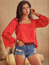 Square Neck Lace Detail Long Sleeve Blouse Blouses - Tophatter Daily Deals