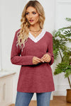 Lace Detail V-Neck Long Sleeve T-Shirt Brick Red Women's T-Shirts - Tophatter Daily Deals