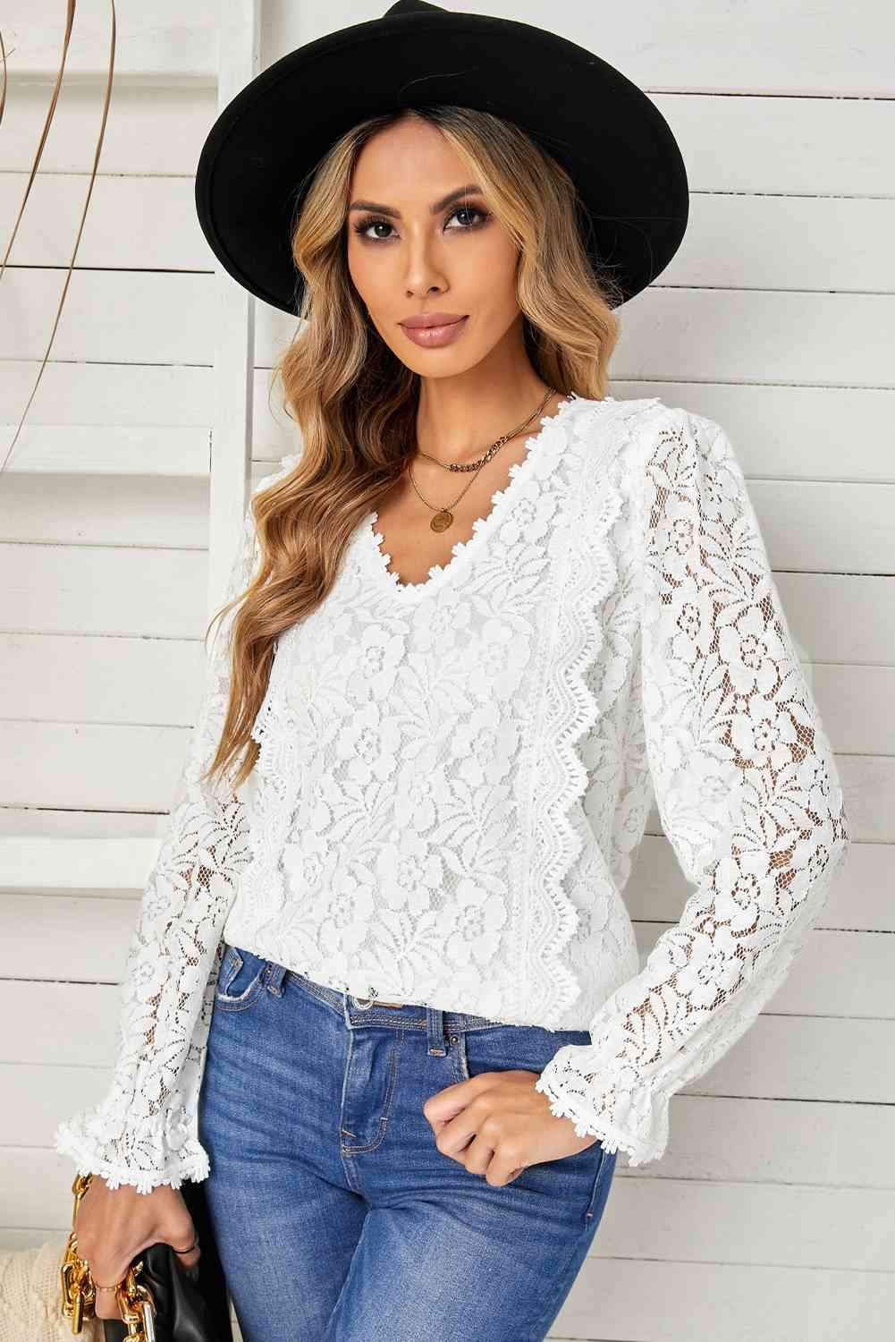 Lace Crochet V-Neck Flounce Sleeve Top Blouses - Tophatter Daily Deals