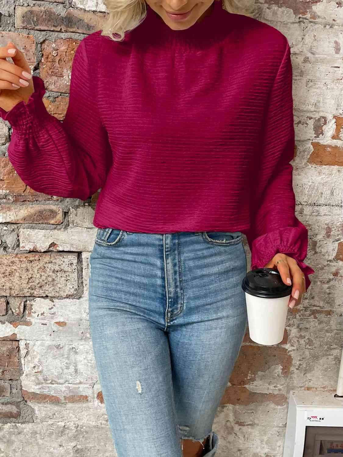 Smocked Mock Neck Flounce Sleeve Top Blouses - Tophatter Daily Deals