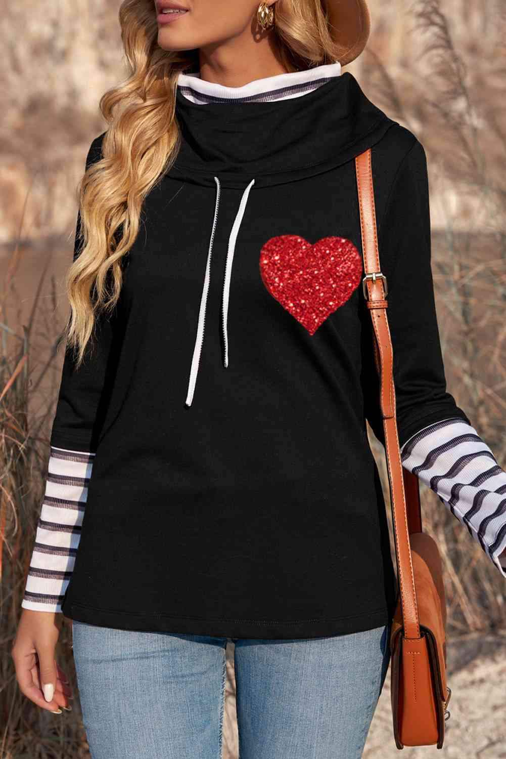 Striped Sequin Heart Graphic Long Sleeve Top Blouses - Tophatter Daily Deals