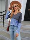 V-Neck Long Sleeve Two-Tone T-Shirt Sky Blue Women's T-Shirts - Tophatter Daily Deals