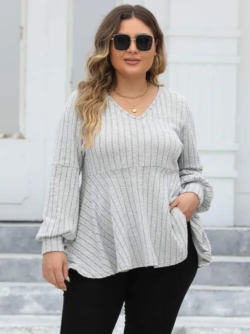 Plus Size Ribbed V-Neck Long Sleeve Blouse Light Gray Blouses - Tophatter Daily Deals