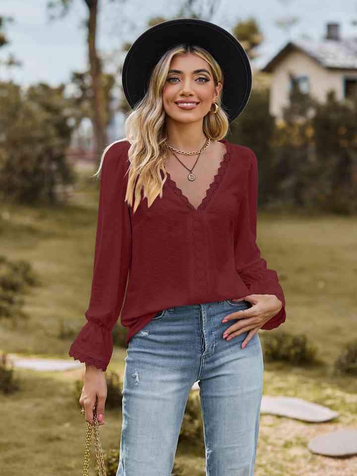 V-Neck Flounce Sleeve Blouse Wine Blouses - Tophatter Daily Deals