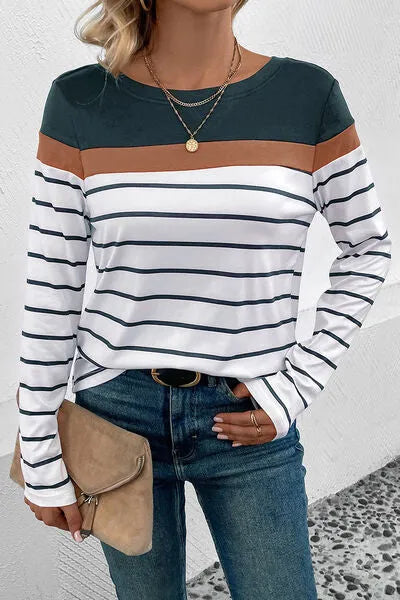 Striped Round Neck Long Sleeve T-Shirt Green Women's T-Shirts - Tophatter Daily Deals