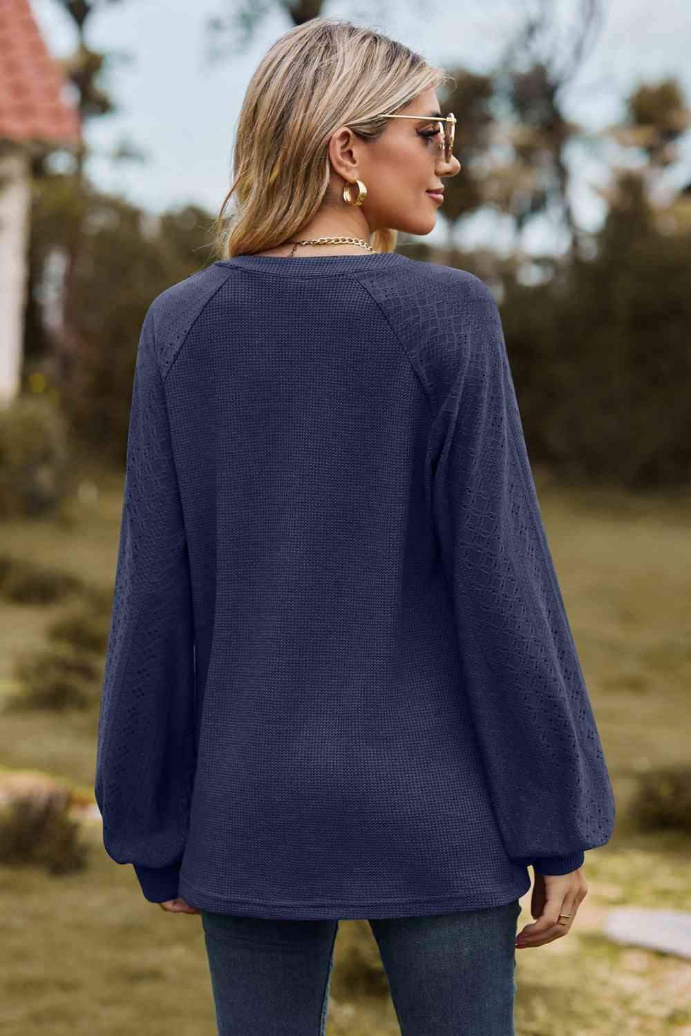 Notched Neck Raglan Sleeve Blouse Blouses - Tophatter Daily Deals