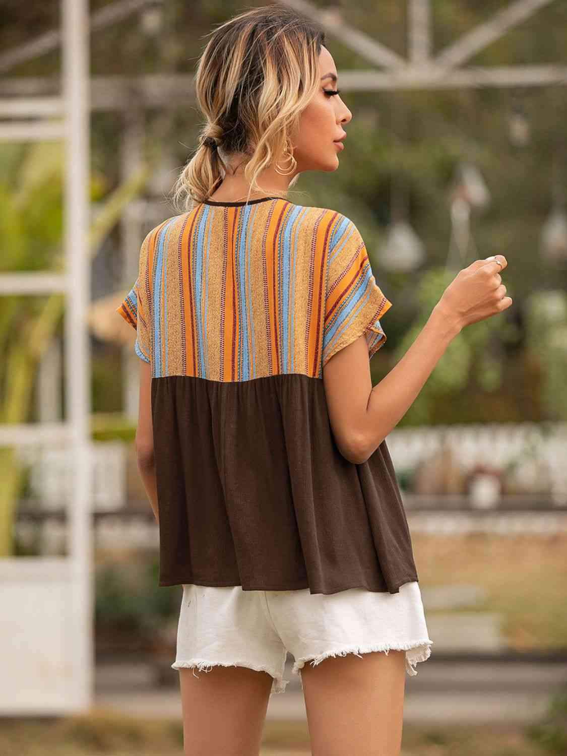 Striped Tie Neck Short Sleeve Blouse Blouses - Tophatter Daily Deals