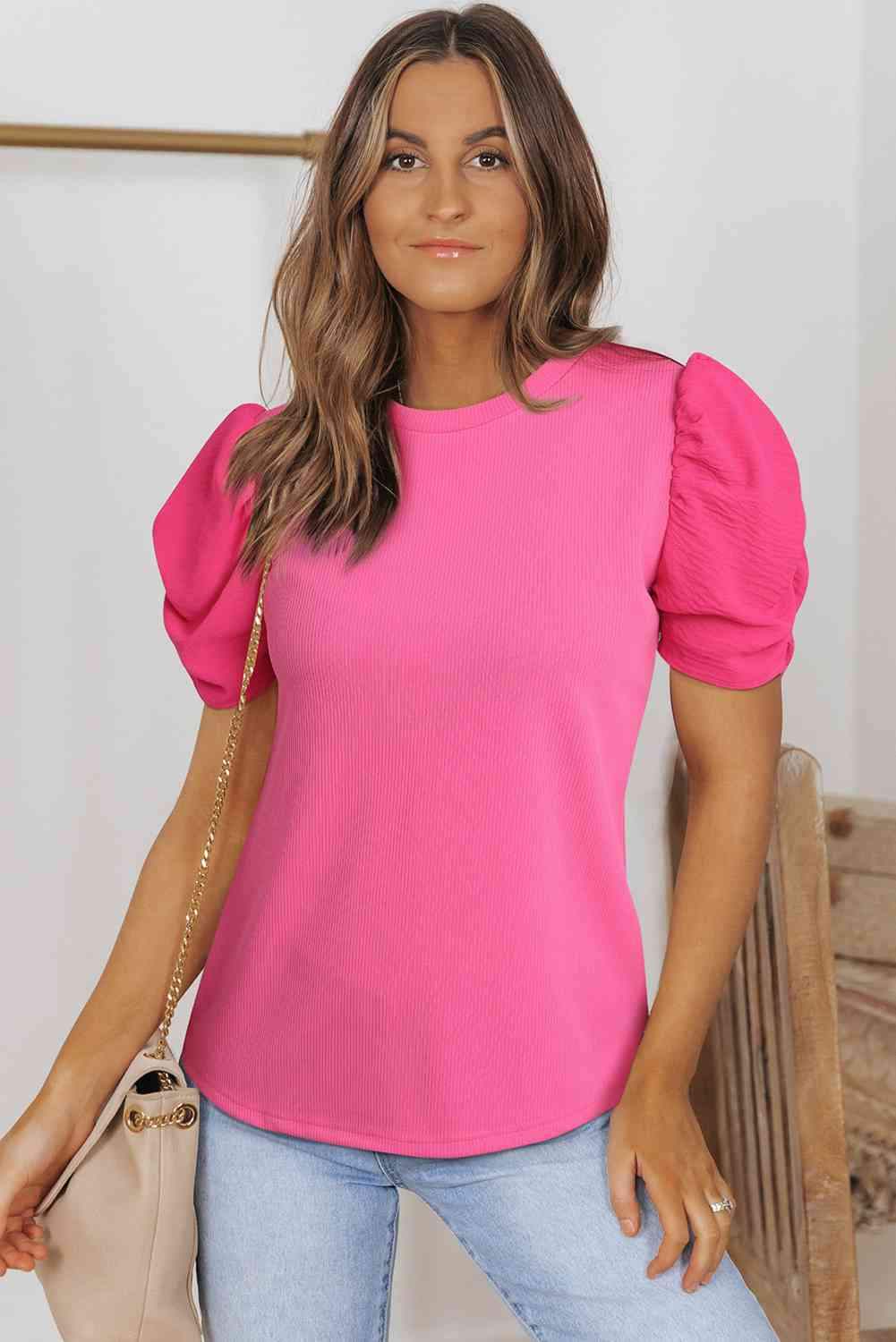 Round Neck Puff Sleeve Top Rose Blouses - Tophatter Daily Deals