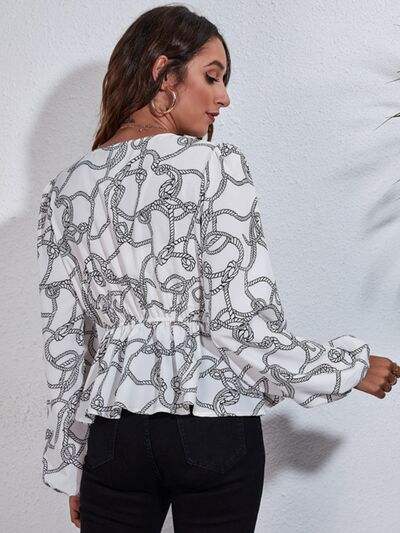 Printed V-Neck Balloon Sleeve Peplum Blouse Blouses - Tophatter Daily Deals