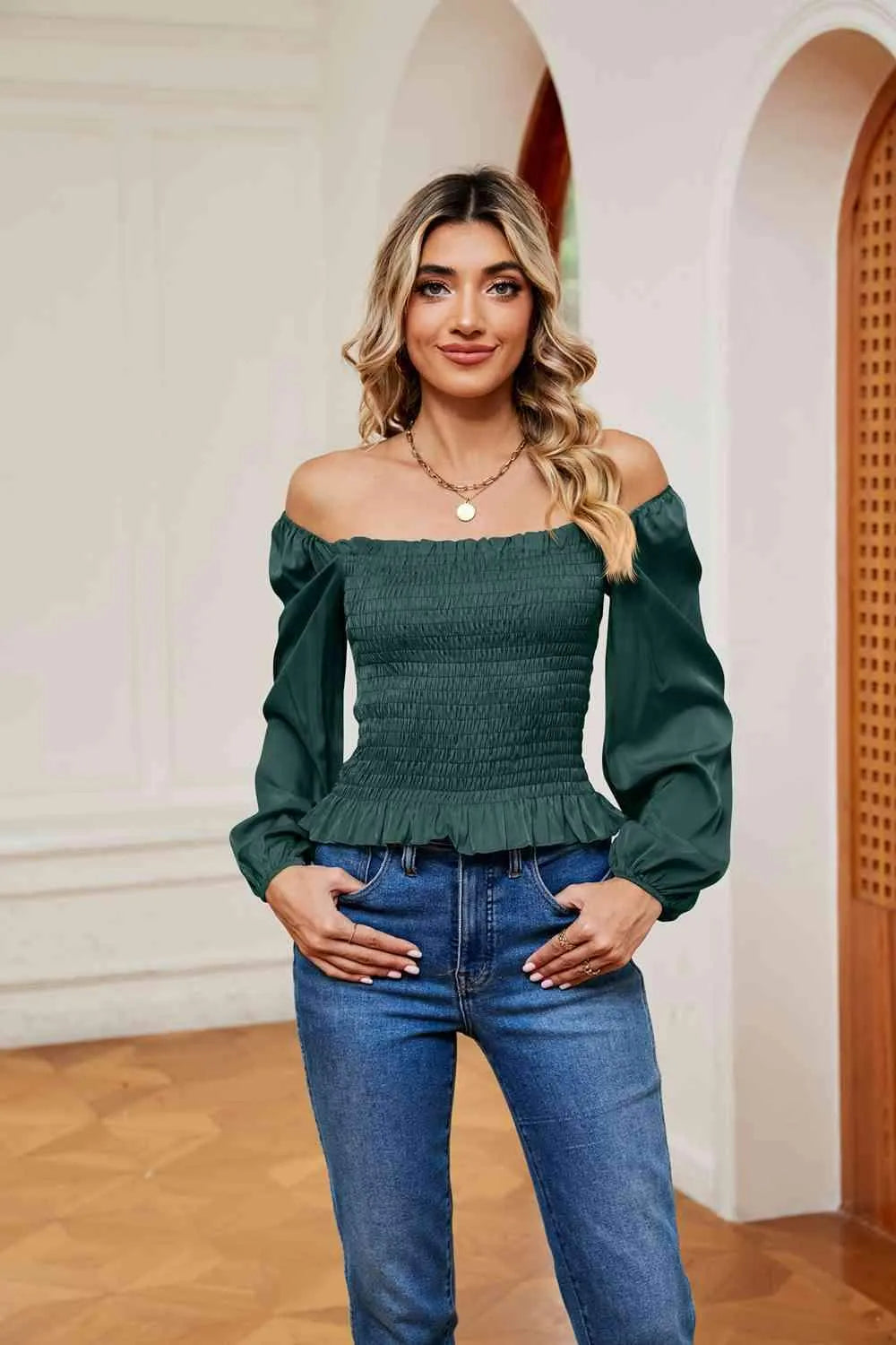 Smocked Off-Shoulder Ruffle Hem Blouse Green Blouses - Tophatter Daily Deals