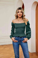 Smocked Off-Shoulder Ruffle Hem Blouse Green Blouses - Tophatter Daily Deals