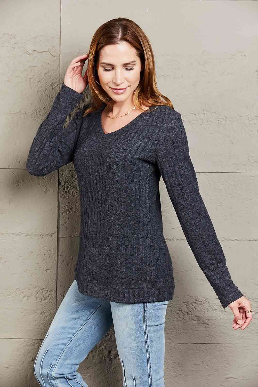 Double Take V-Neck Long Sleeve Ribbed Top - Tophatter Deals