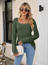 Square Neck Ribbed Long Sleeve T-Shirt Women's T-Shirts - Tophatter Daily Deals