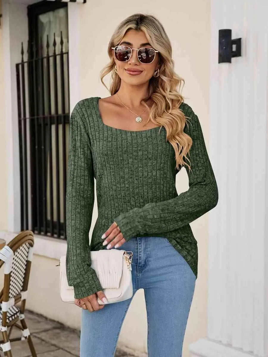 Square Neck Ribbed Long Sleeve T-Shirt Women's T-Shirts - Tophatter Daily Deals