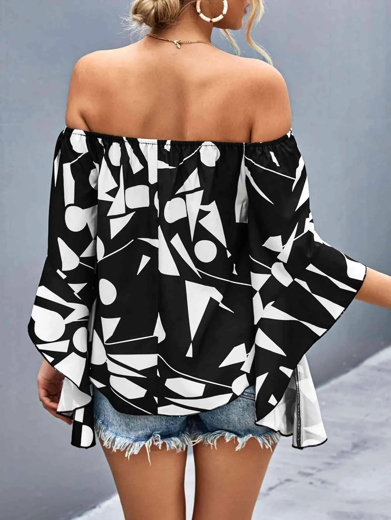Printed Off-Shoulder Bell Sleeve Blouse Blouses - Tophatter Daily Deals