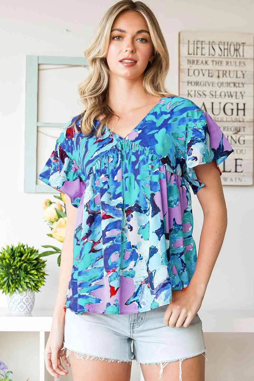 Floral V-Neck Short Sleeve Blouse Blouses - Tophatter Daily Deals