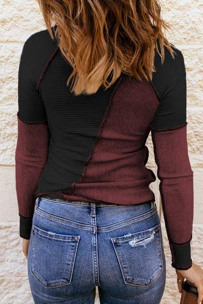 Color Block Round Neck Long Sleeve T-Shirt Women's T-Shirts - Tophatter Daily Deals